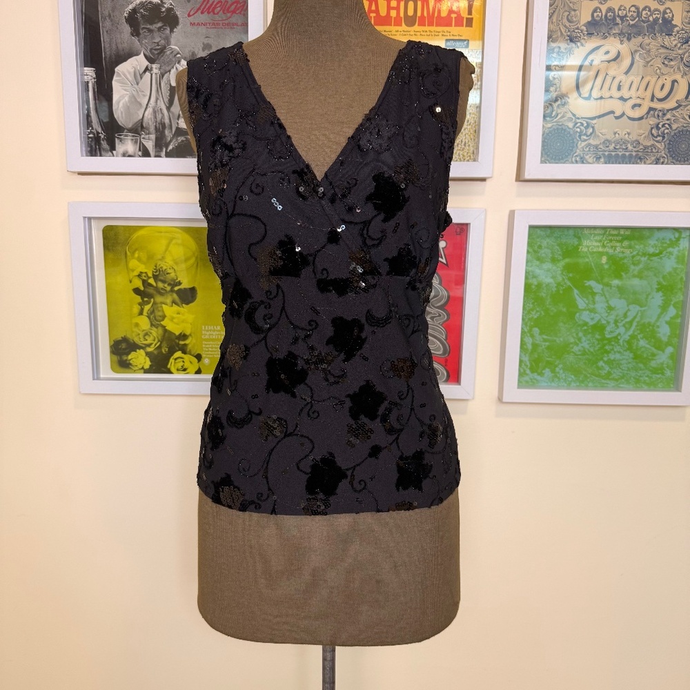 Vintage 90s Black Sequin Mesh Top – Sheer Floral Party Y2K Evening Tank